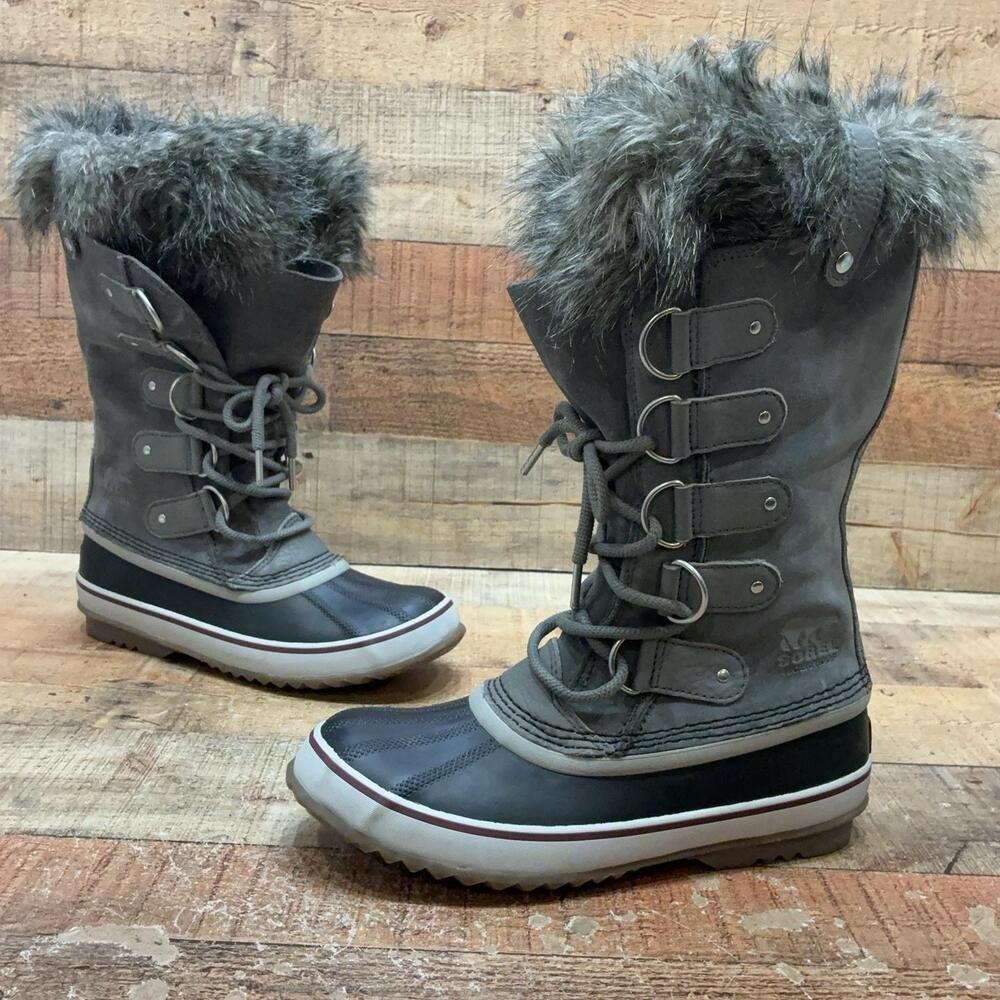 Sorel Snow Boots Womens Size 9 40 Gray Suede Faux Fur Waterproof NL2429-052
